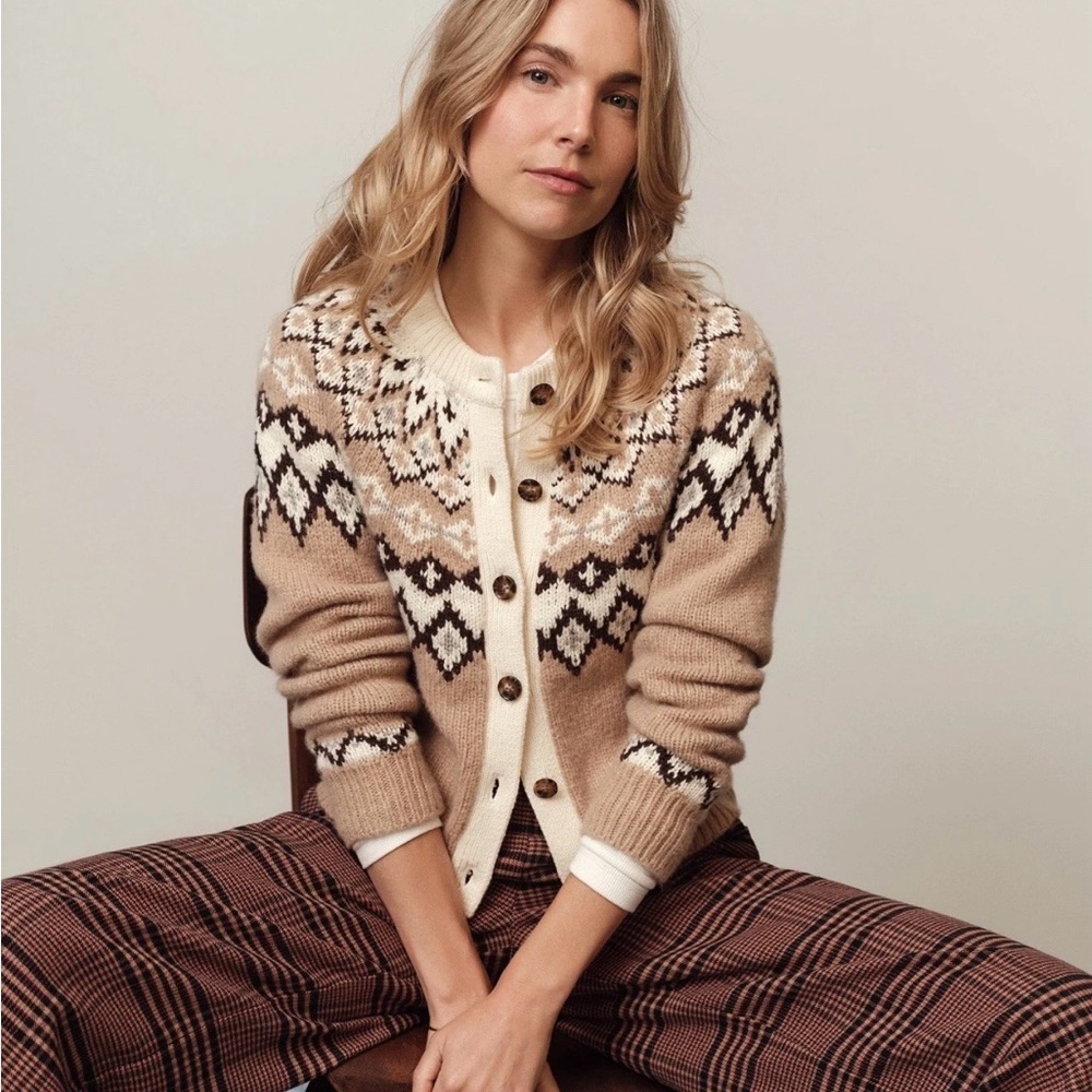 Marine Layer Fiorella Cardigan Neutral Fair Isle Large Wool Alpaca Cotton Blend